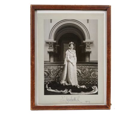 Her Late Majesty Queen Elizabeth II, fine and unusual signed presentation portrait photograph of Her Majesty wearing State Ro
