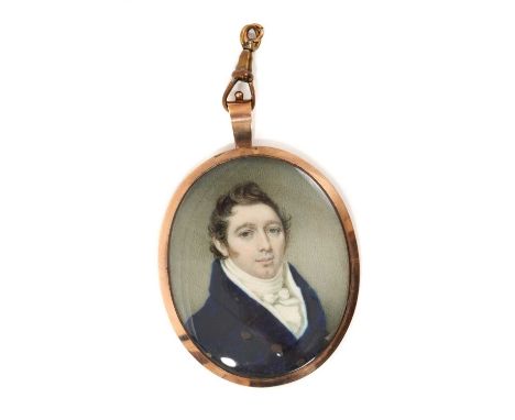 Fine quality early 19th century portrait miniature on ivory, depicting a gentleman with white cravat and blue coat, oval 6 x 