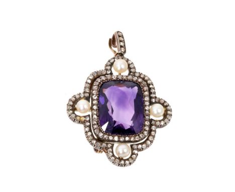 Late Victorian amethyst diamond and seed pearl pendant/brooch with a large central cushion-cut amethyst flanked by four pearl
