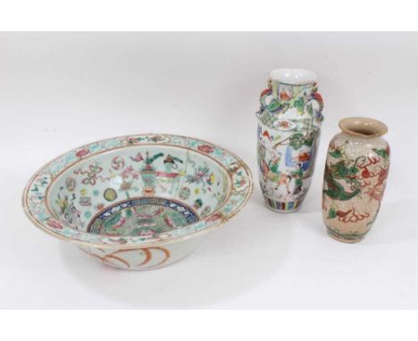 Three pieces of Chinese porcelain, including a famille rose basin, a crackle glazed vase and a famille verte vase Bowl measur