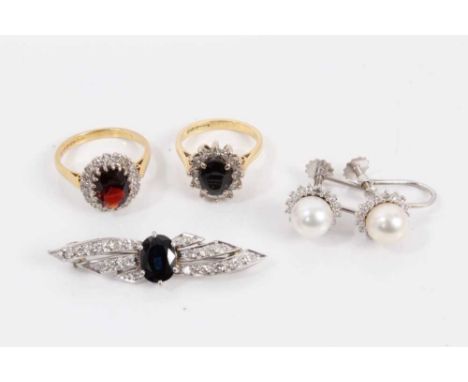 Group of jewellery to include a sapphire and diamond brooch, 18ct gold sapphire and diamond cluster ring, 18ct gold garnet an