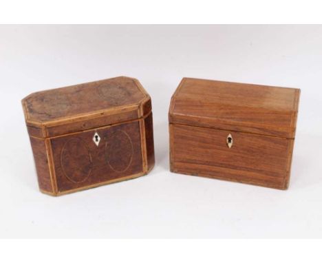 Georgian burr yew tea caddy, patera inlaid, of canted rectangular form, housing twin lidded compartments, 18cm wide, together