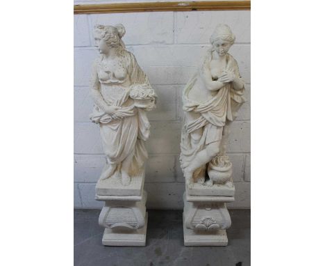 Pair of vintage white painted composition garden statues, emblematic of Summer and Winter, stamped Papinia to base, raised on