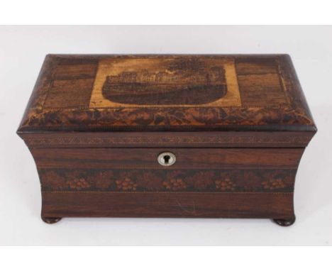 Mid 19th century Tunbridgeware tea caddy, of waisted form, top with inlaid castle scene, enclosing a fitted interior of twin 