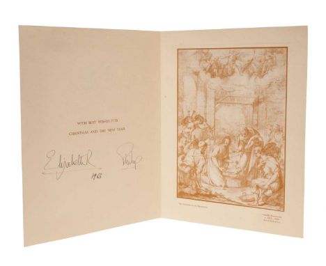 H.M.Queen Elizabeth II and H.RH. The Duke of Edinburgh, signed 1963 Christmas card with twin gilt ciphers to front, print of 