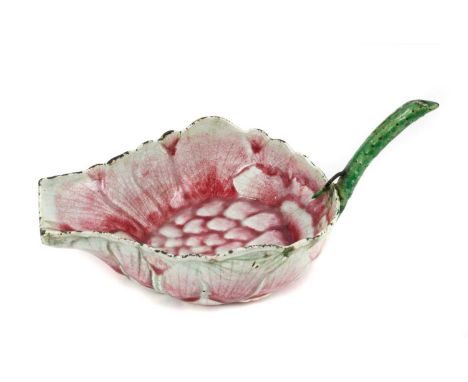 Very unusual Chinese famille rose enamel libation cup, in the form of a lotus flower, 20cm longSome enamel loss, hairlines an