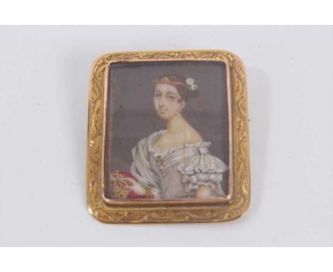 Early Victorian portrait miniature of a Queen, possibly the young Queen Victoria, in gold brooch mount, 34mm x 30mm.  APHA Re