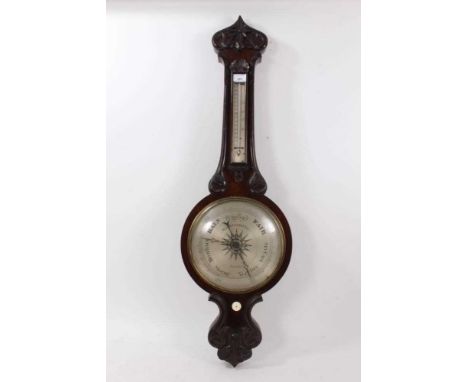 Good large 19th century barometer and thermometer with carved decoration to case, the 10" silvered dial signed R. Angelinetta