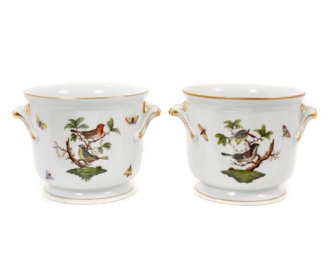 A pair of Herend cache pots, decorated with birds and insects, 12cm highSome scratches and light gilt wear commensurate with 