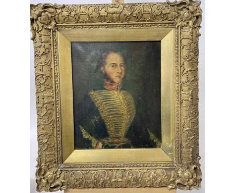 English School, 19th century, oil on canvas, A portrait of a young military officer, 29cm x 24cm, in gilt period frameGeneral