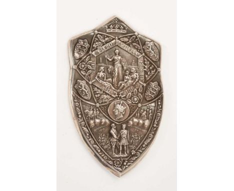 Victorian miniature silver copy of the Elcho Challenge Shield, with embossed decoration representing Scotland and England (Un