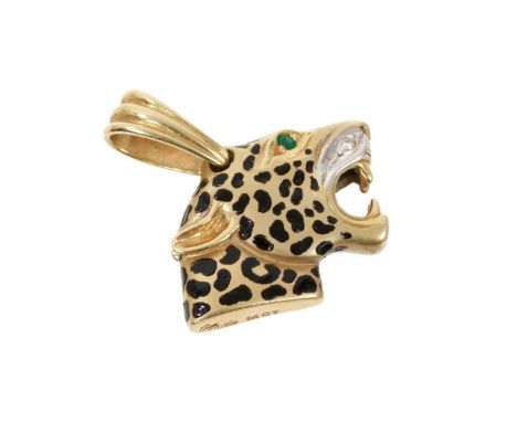 14ct gold panther pendant with black enamel and gem set decoration, 25mm.Good condition commensurate with age, gross weight a