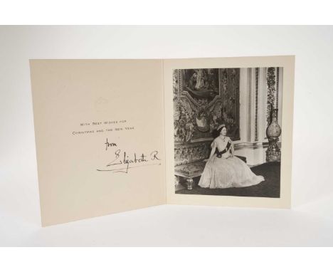 H.M.Queen Elizabeth The Queen Mother, signed 1955 Christmas card with gilt crown to cover, photograph of The Queen Mother wea
