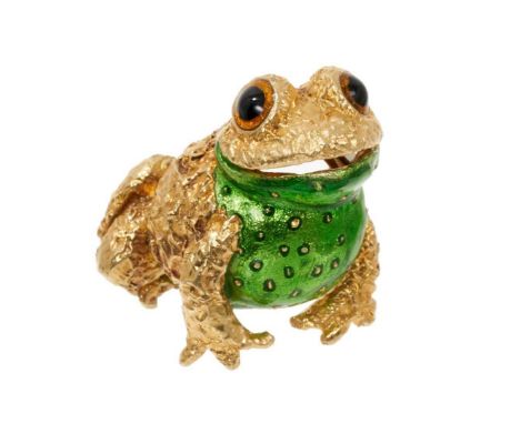 18ct gold and enamel frog brooch, the pin and body both markedBody and pin both marked. Weight 12.98 grams, good condition, e