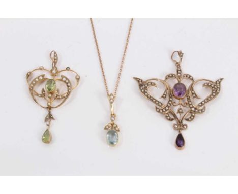 Edwardian 9ct gold amethyst and seed pearl open work scroll pendant, similar style Edwardian 9ct gold peridot and seed pearl 
