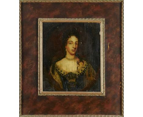 After Willem Wissing (1656-1687), 18th century oil on panel - Portrait of Queen Mary II, 29 x 24.5cm, in faux tortoiseshell f