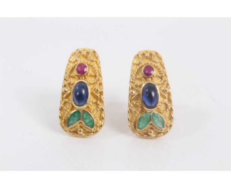 Pair of Renaissance style 14ct gold ruby sapphire and emerald earrings with post and clip fittings, 19mm.Sheffield hallmarked