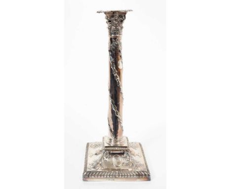 George III silver Corinthian column candlestick, with twined floral decoration, on a square base with classical decoration, g