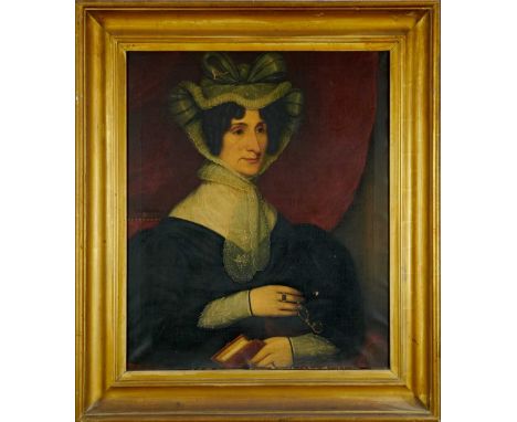 English School, mid 19th century, oil on canvas - portrait of a Lady wearing a bonnet, 76cm x 64cm, in gilt frame 