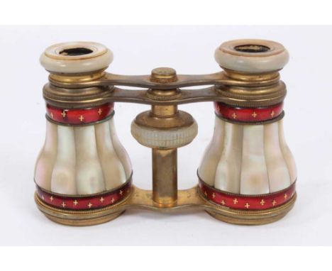 Pair late 19th century opera glasses, stamped 'Flamarion' with mother of pearl and red and gilt enamel decoration in leather 