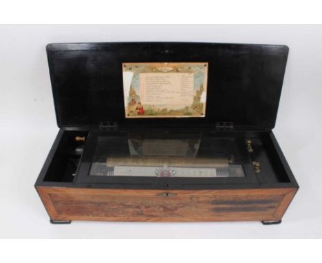 Late 19th century Swiss musical box, playing 12 airs, with song sheet, in inlaid rosewood case, 63cm longMusic box is playing