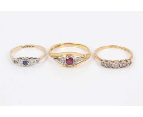 Three Edwardian diamond and gem-set rings to include a ruby and diamond crossover ring in platinum setting on 18ct yellow gol