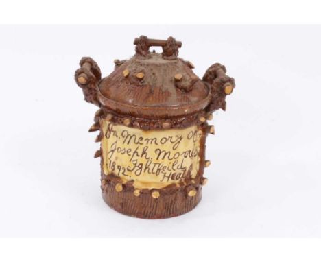 An unusual Victorian pottery jar/funerary urn, possibly Welsh Ewenny ware, in the form of a tree trunk with branch handles, i