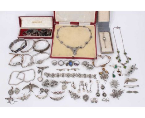 Group of antique and later paste set jewellery including a starburst brooch and similar pair of clip on earrings, silver marc