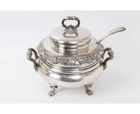 Large 19th century silver plated, twin handled tureen of circular form, with scrollwork and shell decoration and separate, sl