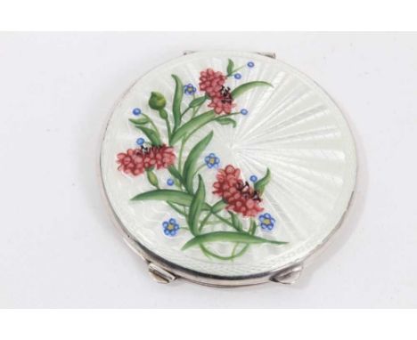 Vintage guilloché enamel and silver compact, assayed for Birmingham 1951, circular form with painted floral ornament, 7cm dia