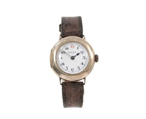 Antique ladies silver Rolex wristwatch with circular white enamel dial signed Rolex, red 12 o'clock and black Arabic numerals