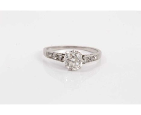 Platinum diamond single stone ring with an old cut cushion shape diamond, estimated to weigh approximately 0.65cts, in claw s