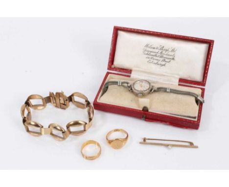 Victorian 18ct gold wedding ring, 18ct gold signet ring, 9ct gold bar brooch, 9ct gold bracelet, and an Art Deco diamond-set 