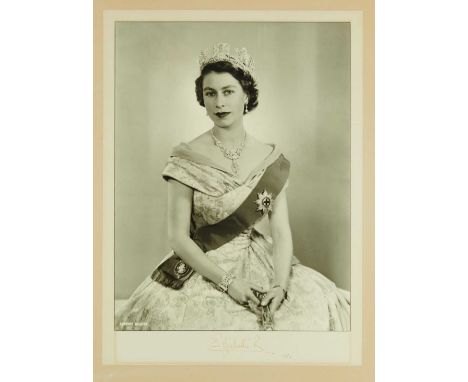 H.M.Queen Elizabeth II large signed 1953 presentation portrait photograph by Dorothy Wilding. Her Late Majesty wearing a diam