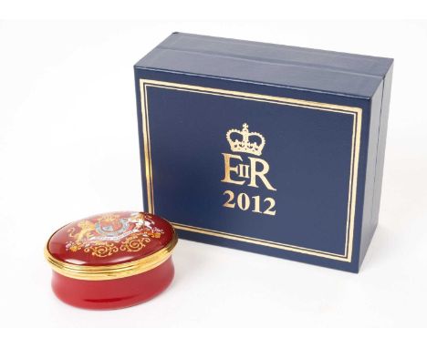 H.M.Queen Elizabeth II 2012 Royal Household Christmas present, Halycon Days enamel Diamond Jubilee oval pill box decorated wi
