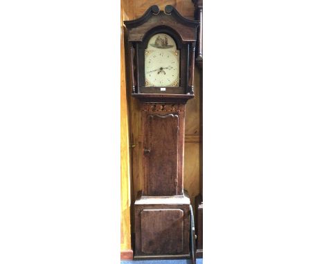 Early 19th century Welsh 30 hour longcase clock by Penrith maker (faint) with arched painted dial with naval battle scene in 