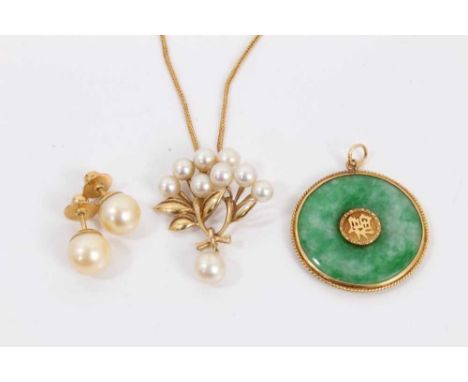 Cultured pearl pendant in 14ct gold mount on 22ct gold chain, pair of cultured pearl earrings and a Chinese jade pendantThe c