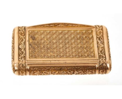 A fine early 19th century French 18ct gold snuff box, the curved hip-shaped box with finely chased foliate scroll borders and