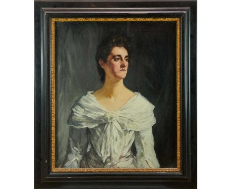 Francis Edgar Dodd RA, RWS (British 1874-1949) oil on canvas - Portrait of a lady, half length, in a white dress signed and d
