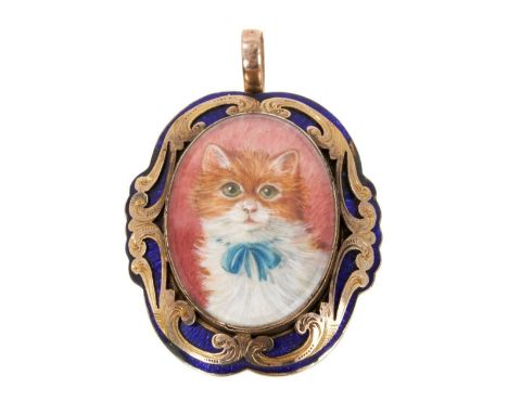 Unusual yellow metal and enamel pendant containing a portrait miniature of a cat with blue ribbon, in a yellow metal and blue