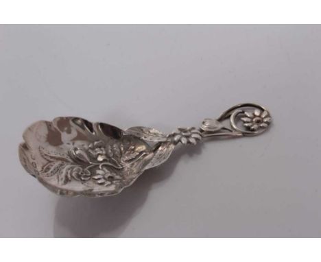 Victorian silver caddy spoon with embossed floral bowl and pierced floral handle, Birmingham 1866, Hilliard &amp; Thomason 9c