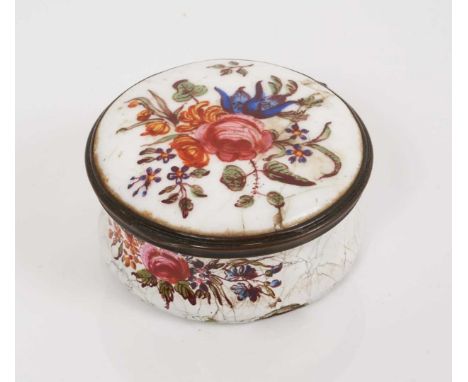 South Staffordshire enamel round snuff box, painted with flowers, circa 1760, 6cm diameter 