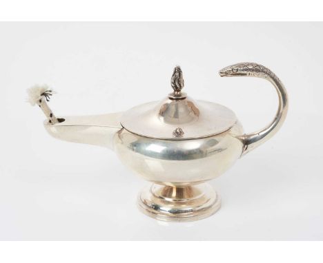 George V silver table lighter in the form of an aladdin lamp with snake handle and flame topped wick holder, (London 1926), m