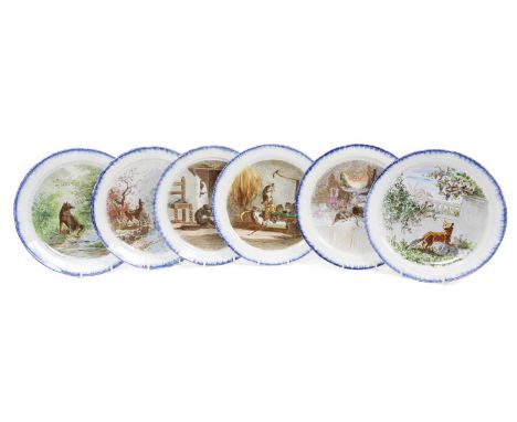 A good set of six French ceramic plates, circa 1880, by Edouard Rischgitz, each charmingly painted with animal scenes, feathe