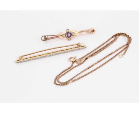 Edwardian yellow and white gold diamond bar brooch, 62mm long, Edwardian 9ct gold amethyst and seed pearl bar brooch, 50mm an