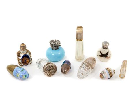 Collection of ten 19th century scent bottles, including a miniature egg form vinaigrette, others in various materials includi