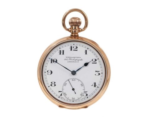 Early 20th century gentleman's 9ct gold open-face pocket watch retailed by Winegartens, 145 Bishopsgate, London, white enamel