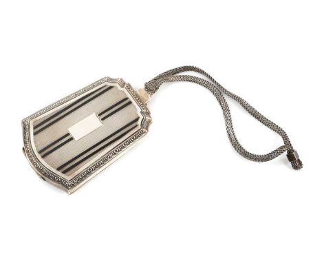 Art Deco silver and enamel combination compact / sovereign holder, stamped Sterling, 8cm long, with silver mesh suspension co