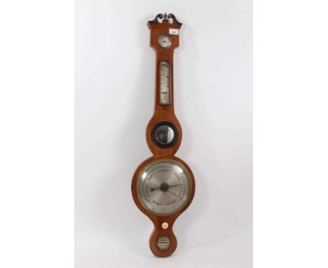 Regency barometer and thermometer with silvered scales in mahogany banjo shape case by R Bone, Fakenham, 96cm. Good original 