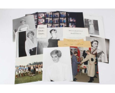 Diana Princess of Wales, three signatures on card, portrait photographs of the Princess and photographic thumb nail prints of